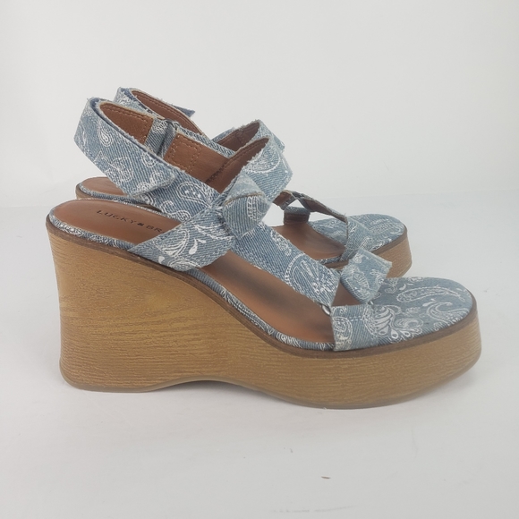 Lucky Brand Demmia wedge platform wood sandal shoe strappy printed denim new 9 - Picture 2 of 10